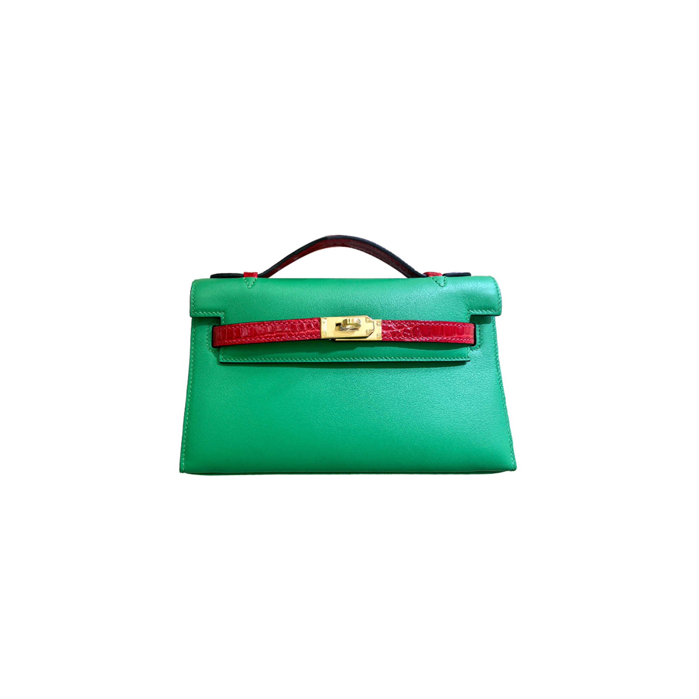 HERMES MINI KELLY SWIFT BAMBOO GREEN FERRARI RED CROCODILE SKIN (22*14*7cm) 